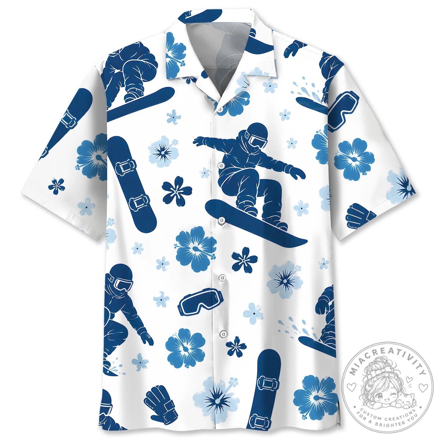 Snowboarding Blue Hibiscus Floral Print Hawaiian Shirt for Men