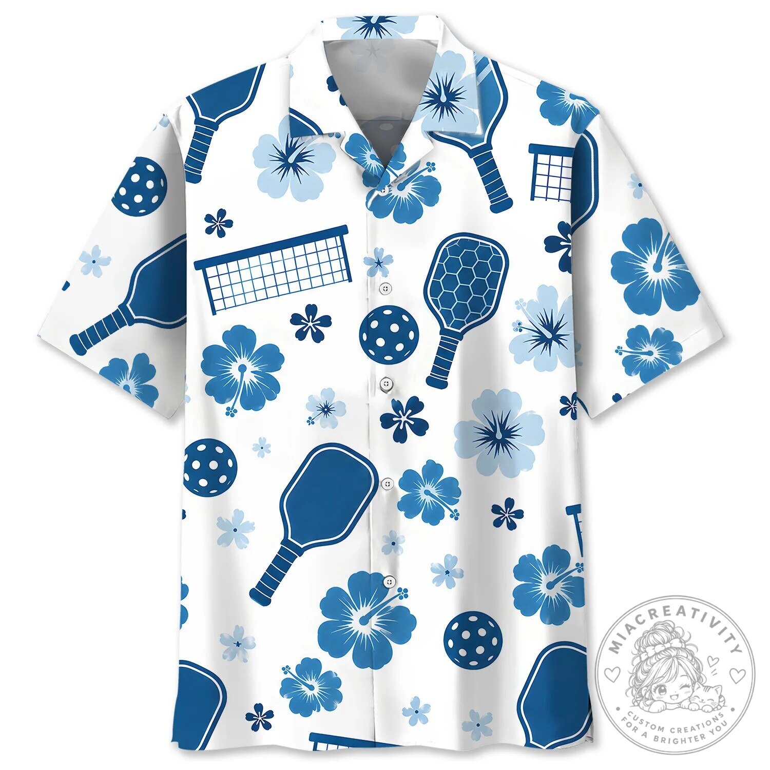 Pickleball Blue Hibiscus Floral Pattern Hawaiian Shirt