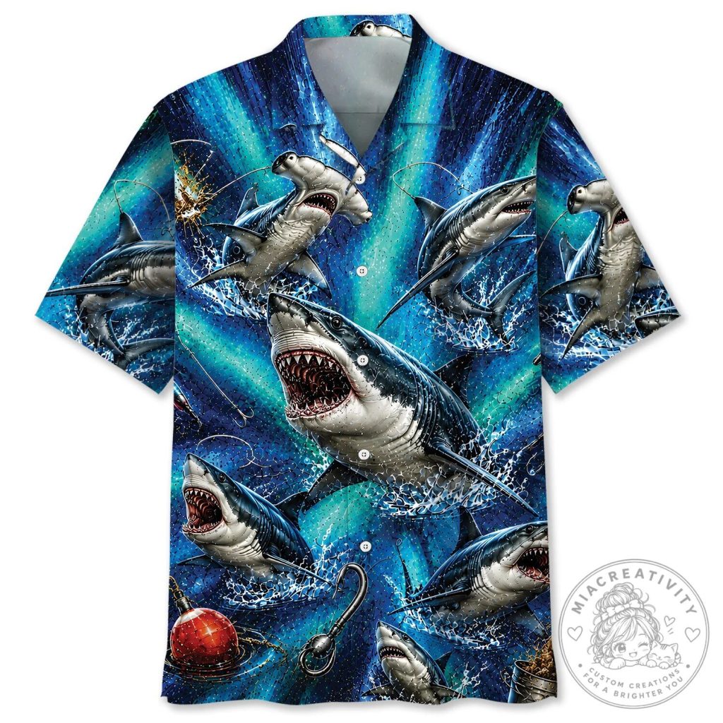 Great White Shark Fishing Ocean Blue Hawaiian Shirt Great White Shark Fishing Ocean Blue Hawaiian Shirt