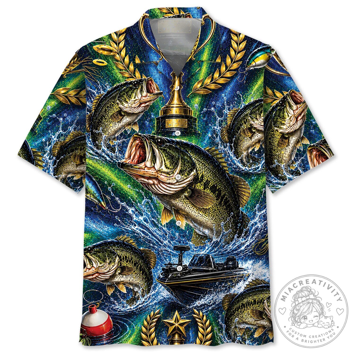 Colorful Tournament Bass Fishing Vintage Art Hawaiian Shirt for Men