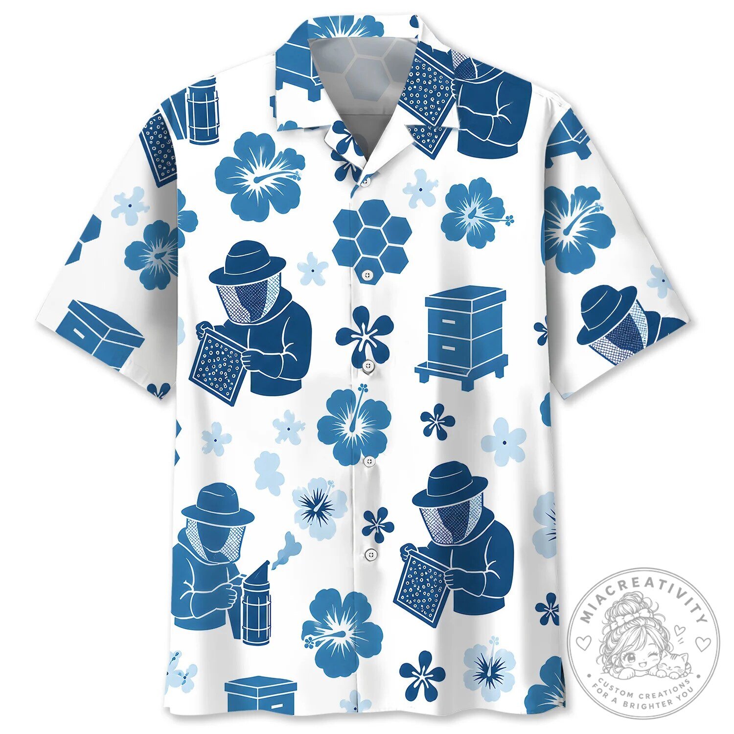 Beekeeper Blue Hibiscus Floral Honeycomb Hawaiian Shirt
