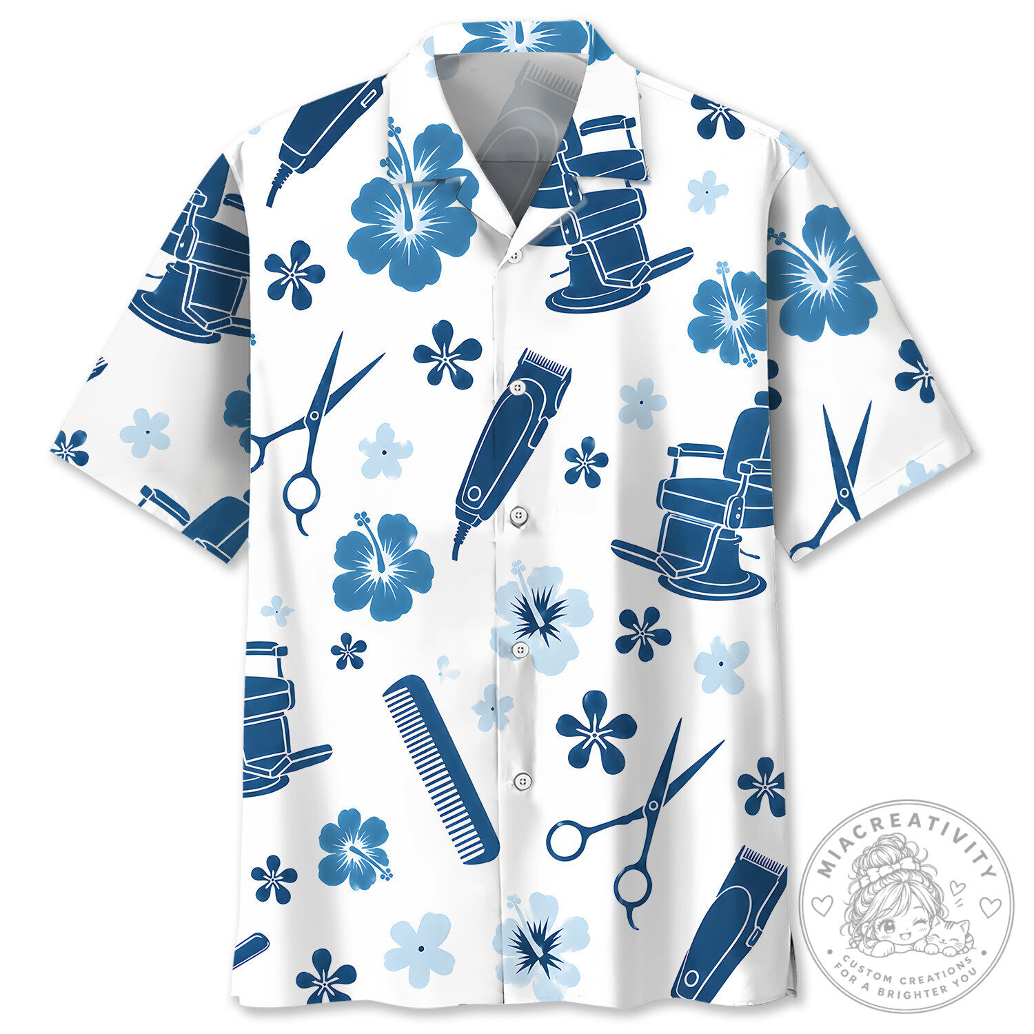Barber Tools Blue Hibiscus Pattern Hawaiian Shirt