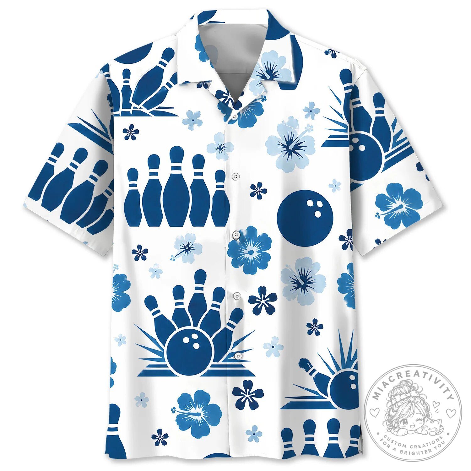 Bowling Blue Hibiscus Floral Pattern Hawaiian Shirt