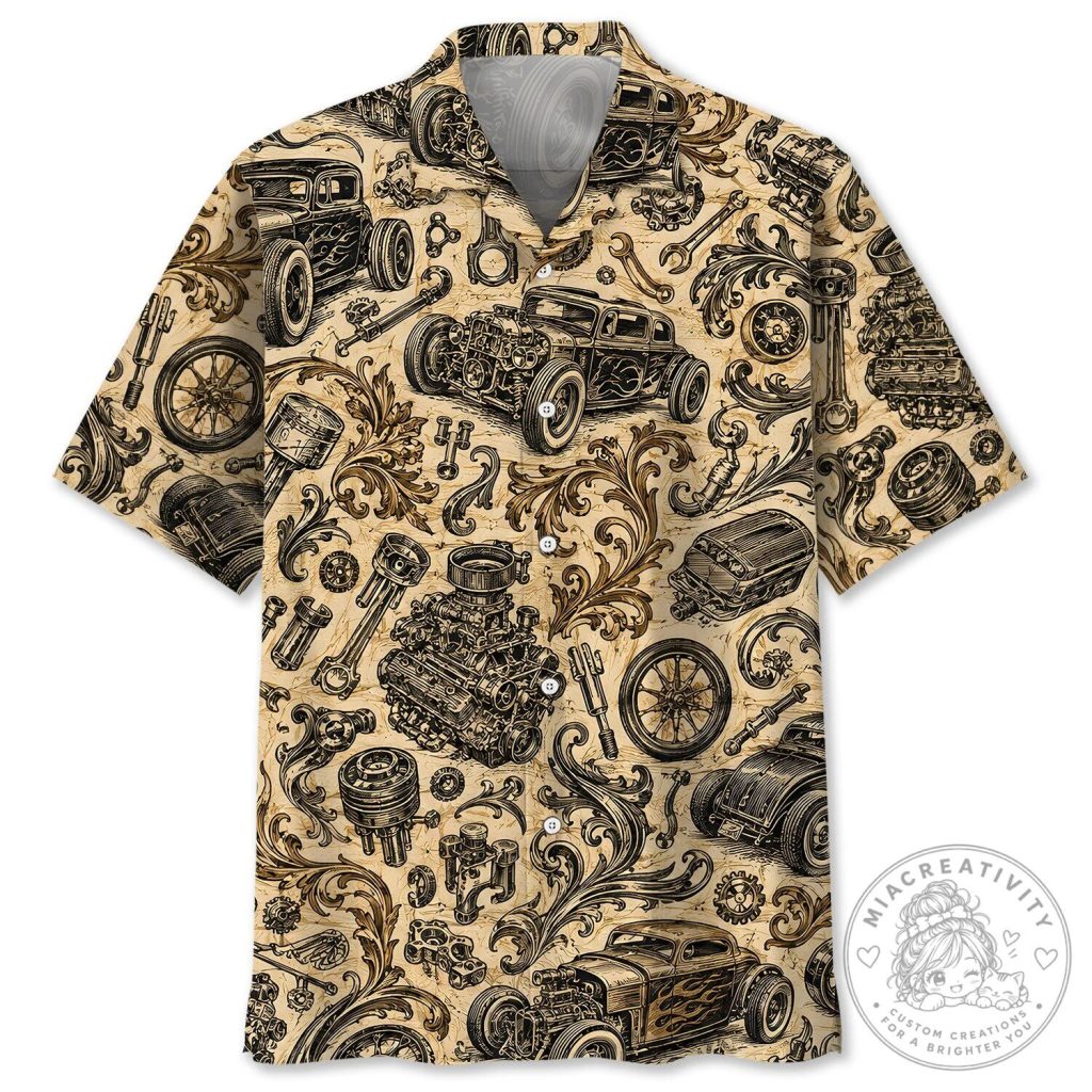 Vintage Hot Rod Car Parts Pattern Men's Hawaiian Shirt Vintage Hot Rod Car Parts Pattern Men's Hawaiian Shirt