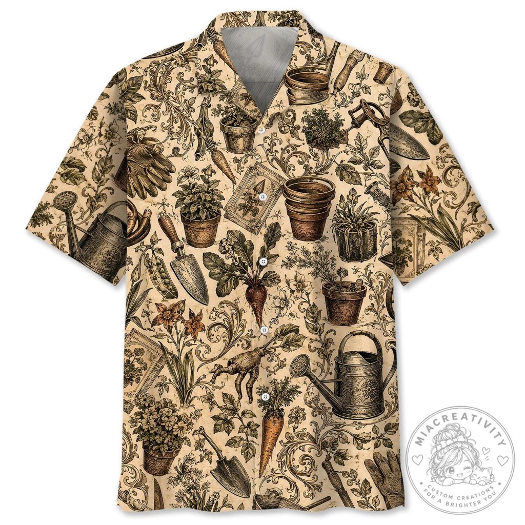 Vintage Gardening Tools and Botanical Plants Pattern Hawaiian Shirt Vintage Gardening Tools and Botanical Plants Pattern Hawaiian Shirt