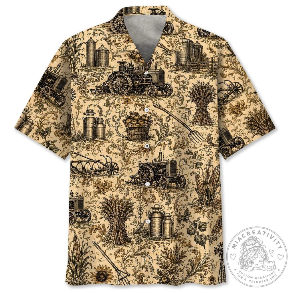Vintage Farm Tractor and Wheat Pattern Hawaiian Shirt Vintage Farm Tractor and Wheat Pattern Hawaiian Shirt
