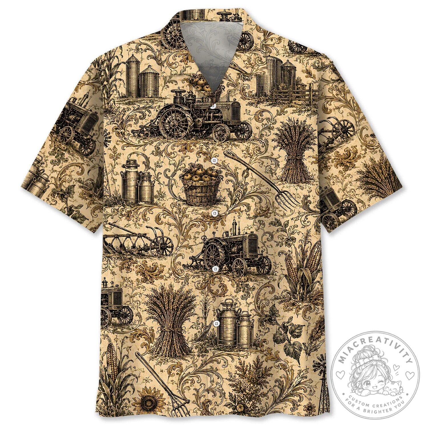 Vintage Farm Tractor and Wheat Pattern Hawaiian Shirt