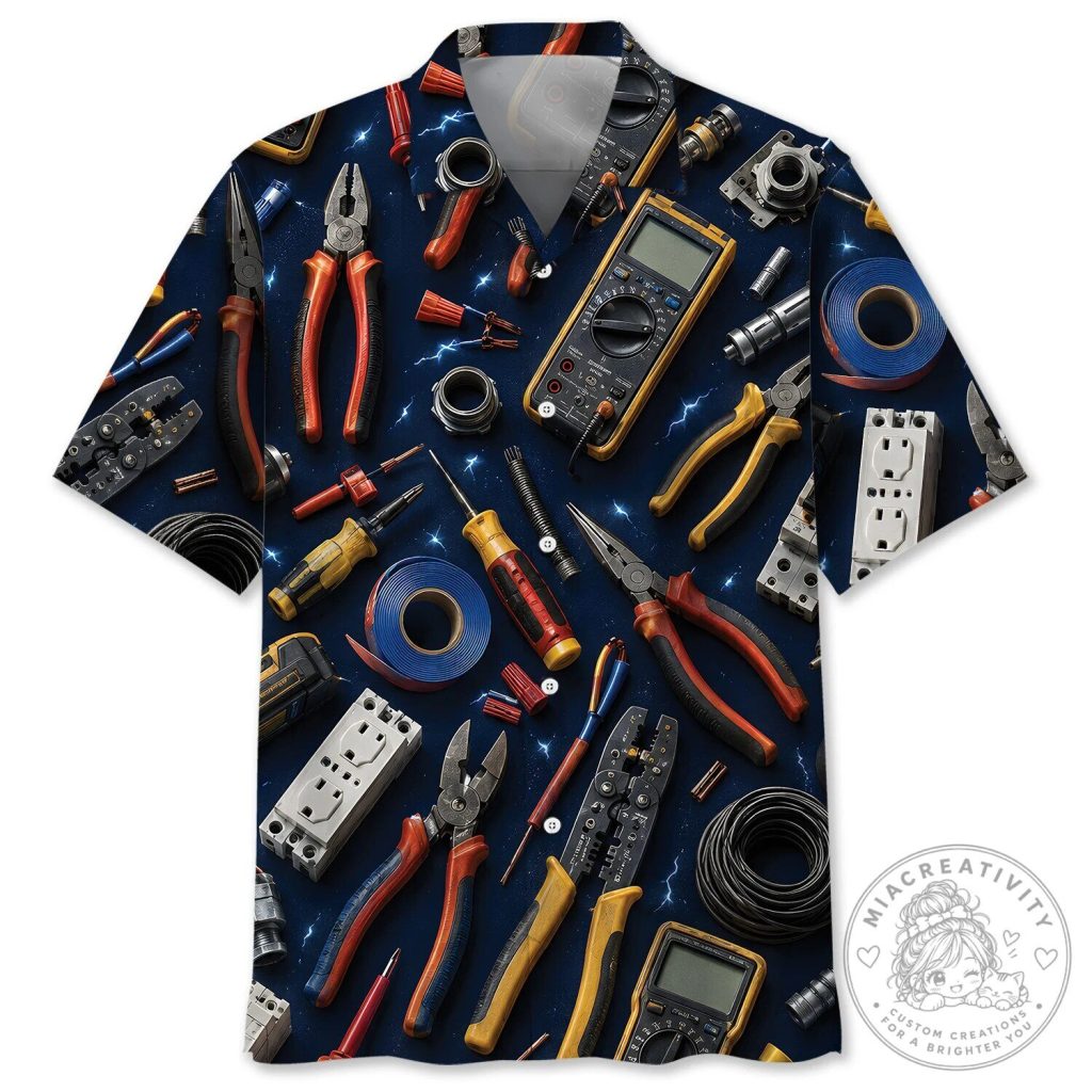 Electrician Tools And Equipment Blue Hawaiian Shirt Electrician Tools And Equipment Blue Hawaiian Shirt