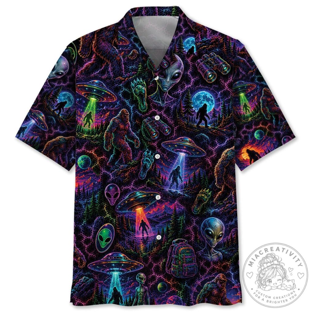 Bigfoot Alien Neon Psychedelic Forest Hawaiian Shirt Bigfoot Alien Neon Psychedelic Forest Hawaiian Shirt