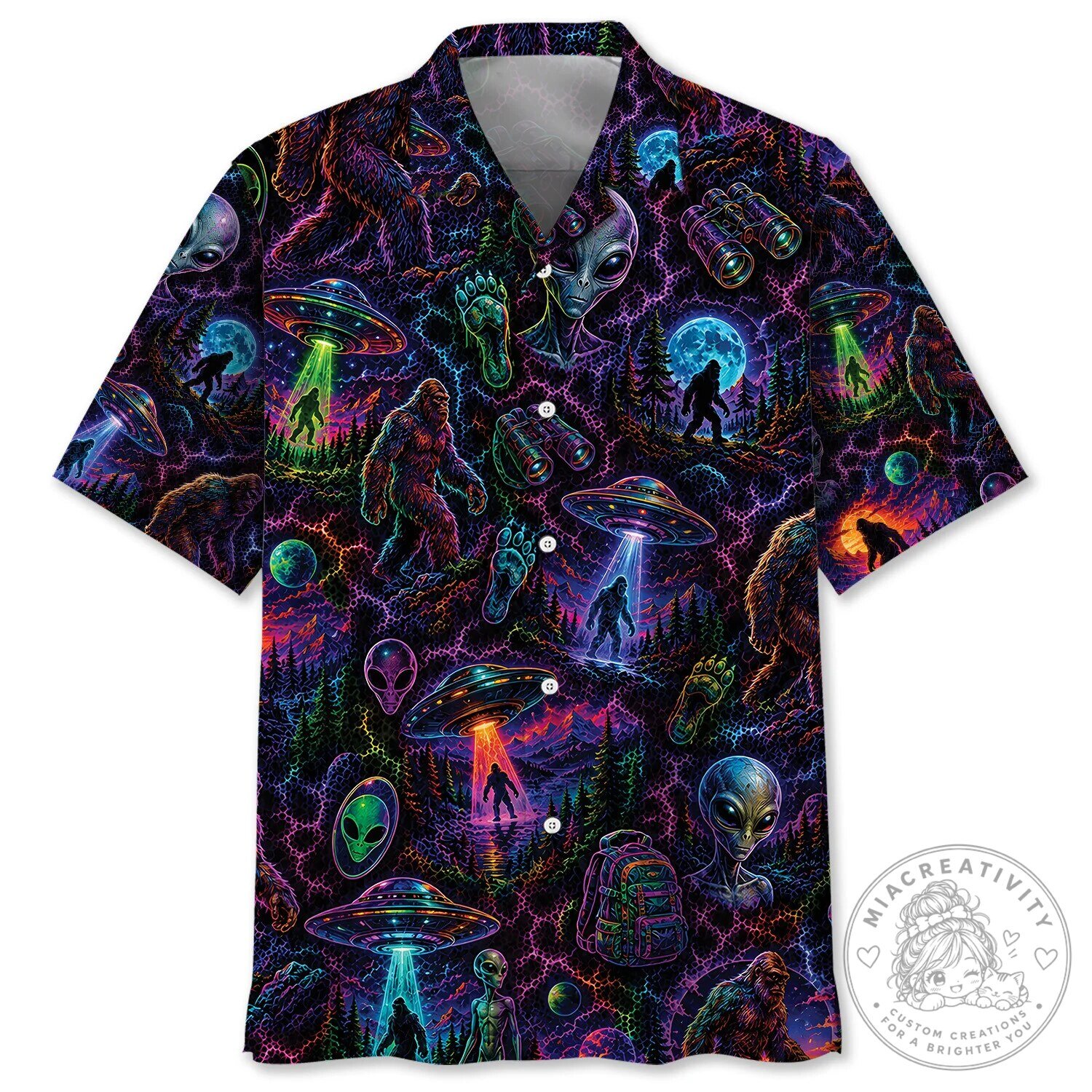Bigfoot Alien Neon Psychedelic Forest Hawaiian Shirt
