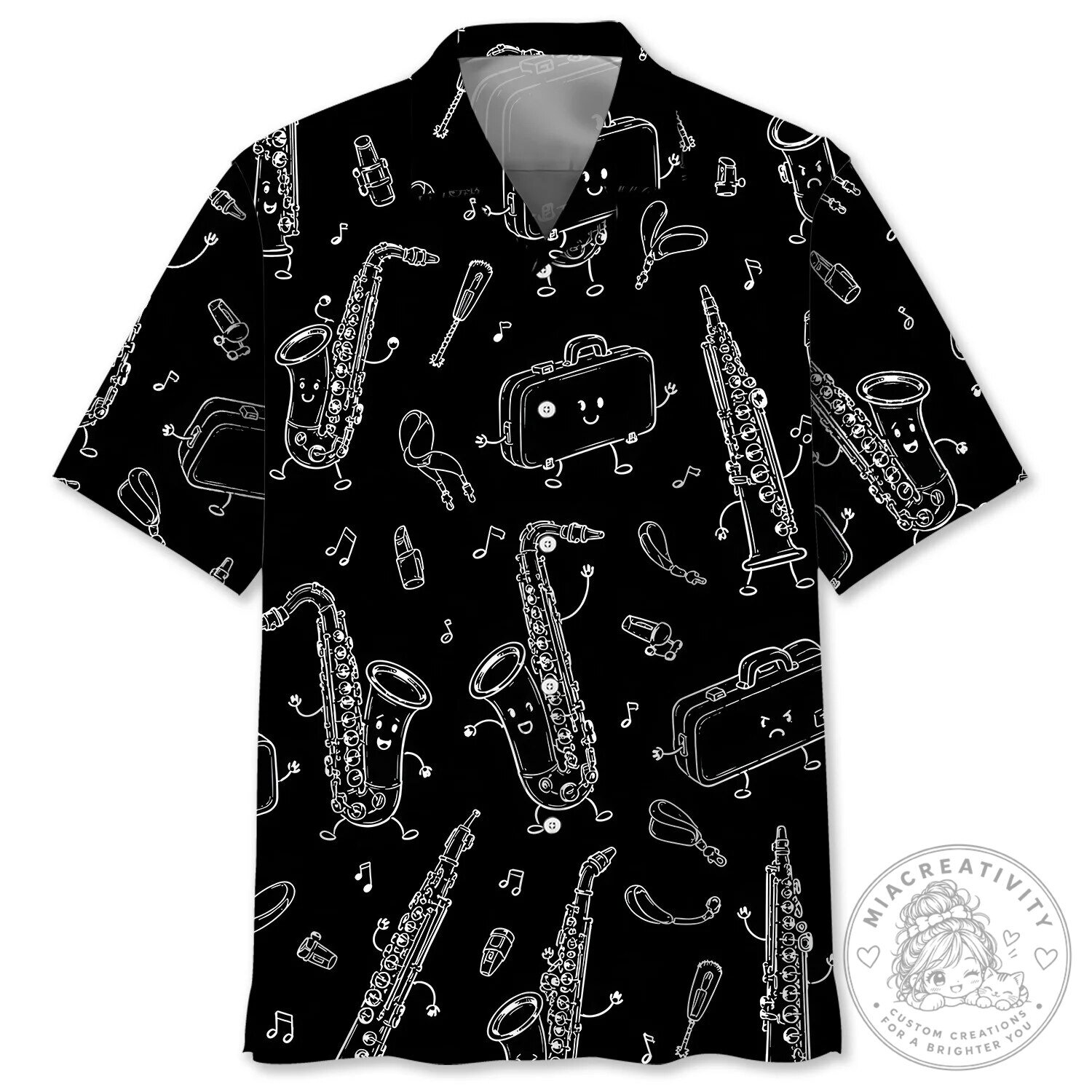 Cute Saxophone Musical Instrument Black and White Pattern Hawaiian Shirt