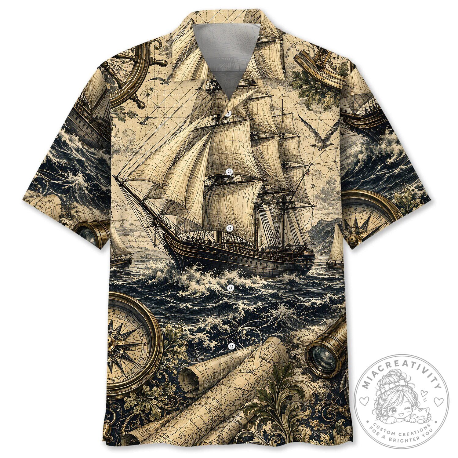 Vintage Sailing Ship Nautical Map Compass Hawaiian Shirt