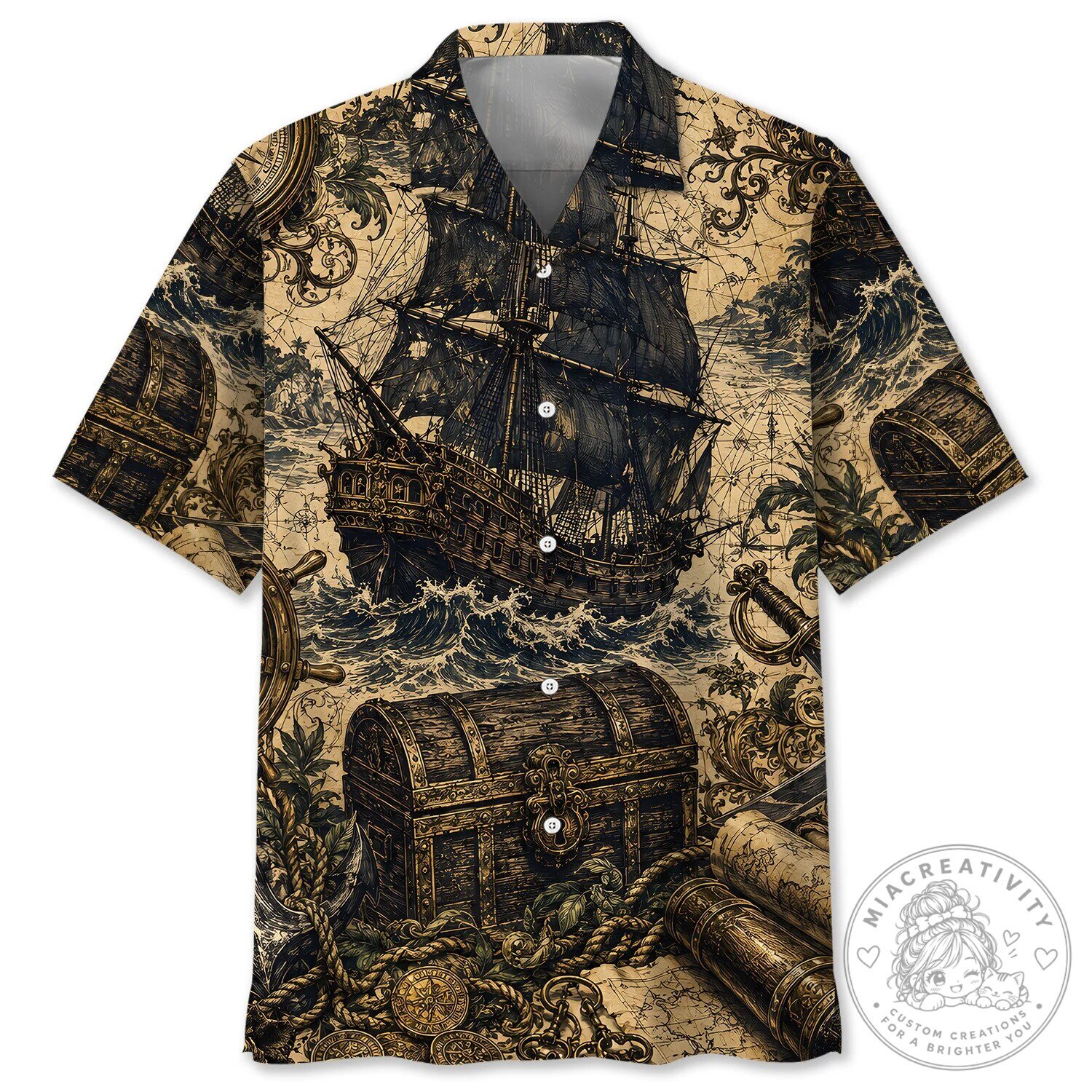 Vintage Pirate Ship Treasure Map Hawaiian Shirt