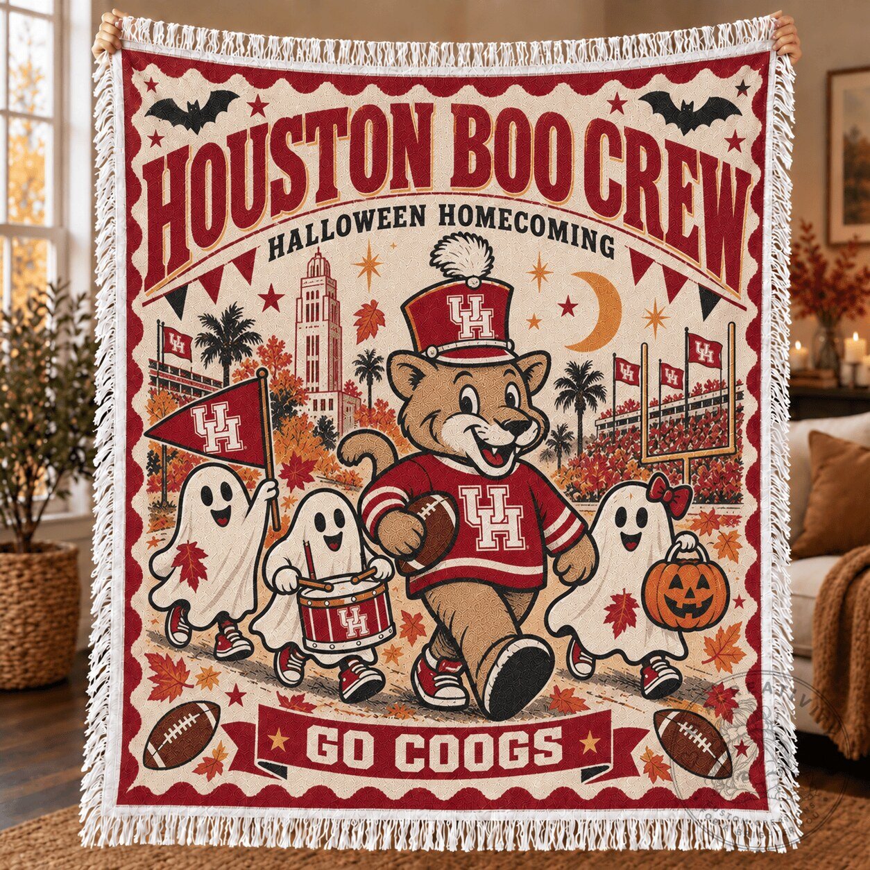 Houston Cougars Halloween Boo Crew Homecoming Woven Blanket