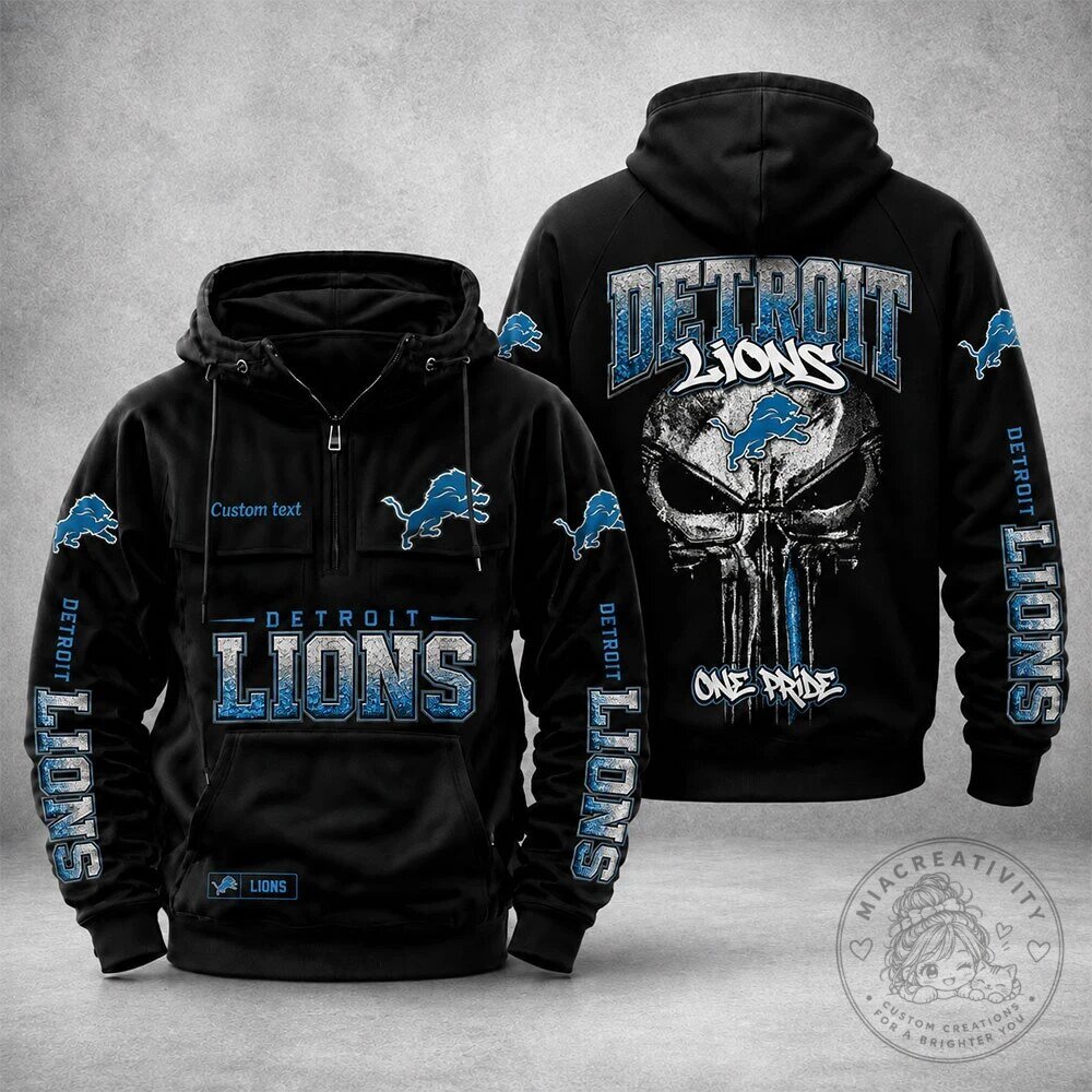 Detroit Lions Skull One Pride Custom Text Black Hoodie