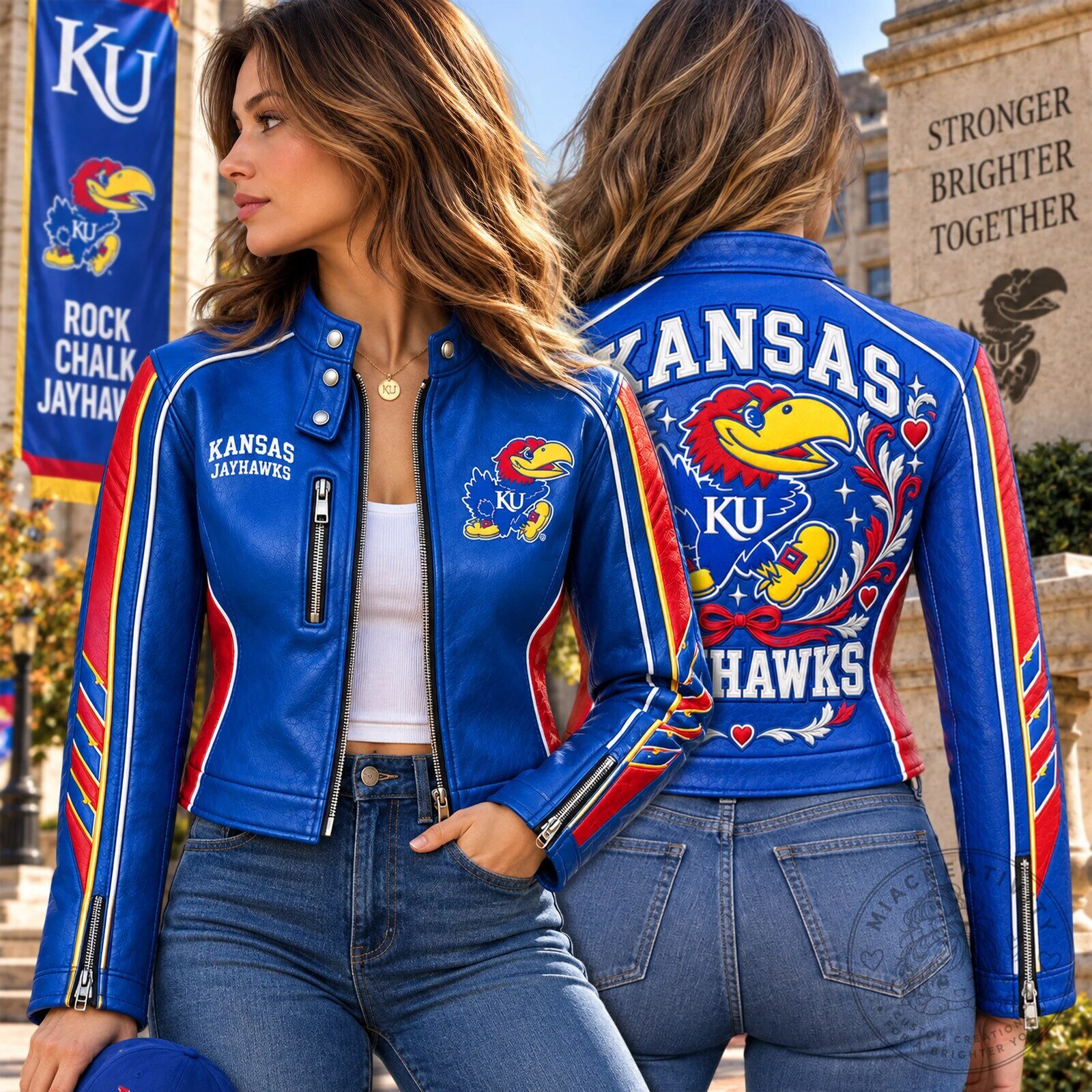 Kansas Jayhawks Rock Chalk Blue Leather Motorcycle Jacket