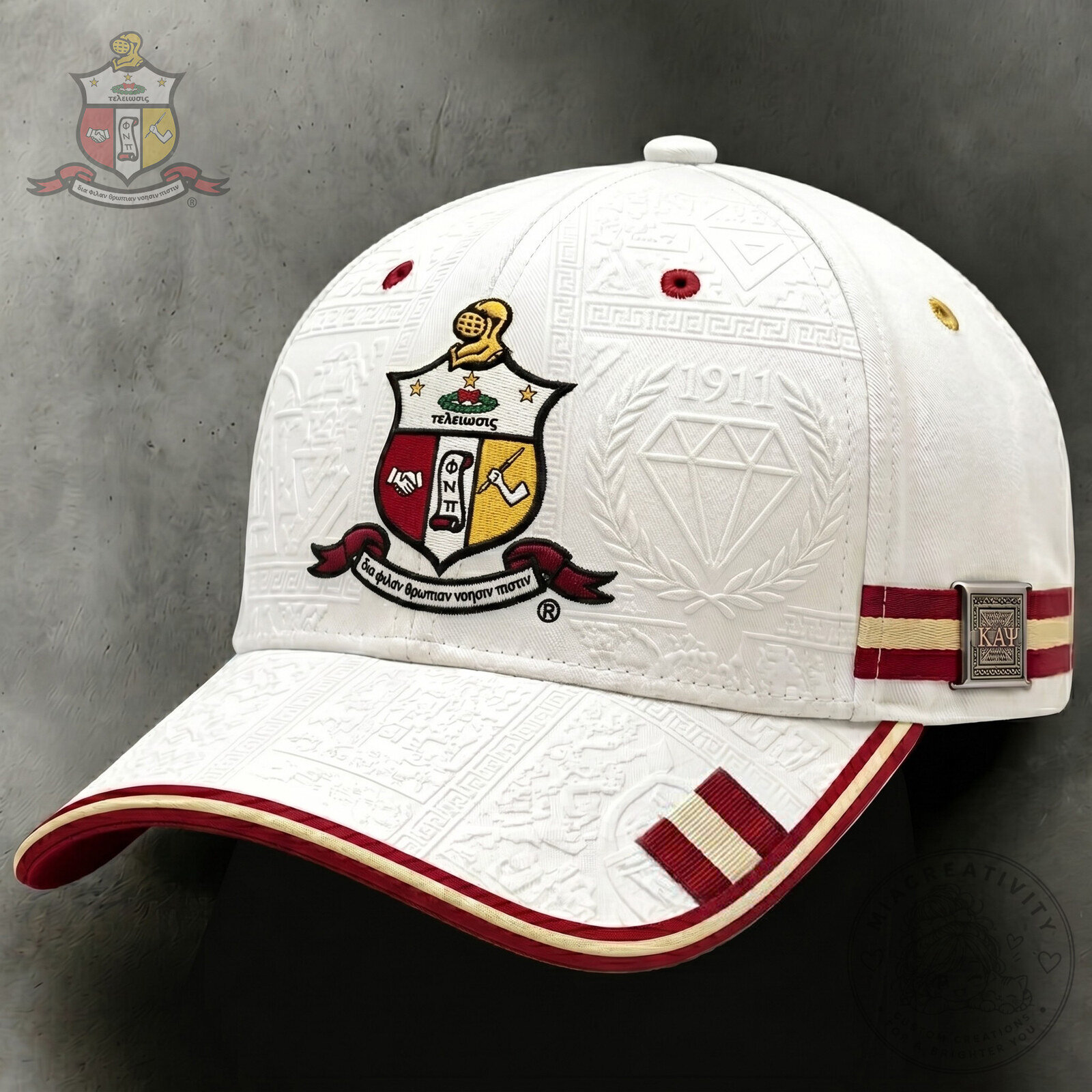 Embroidered White Baseball Cap featuring Kappa Alpha Psi Fraternity Shield