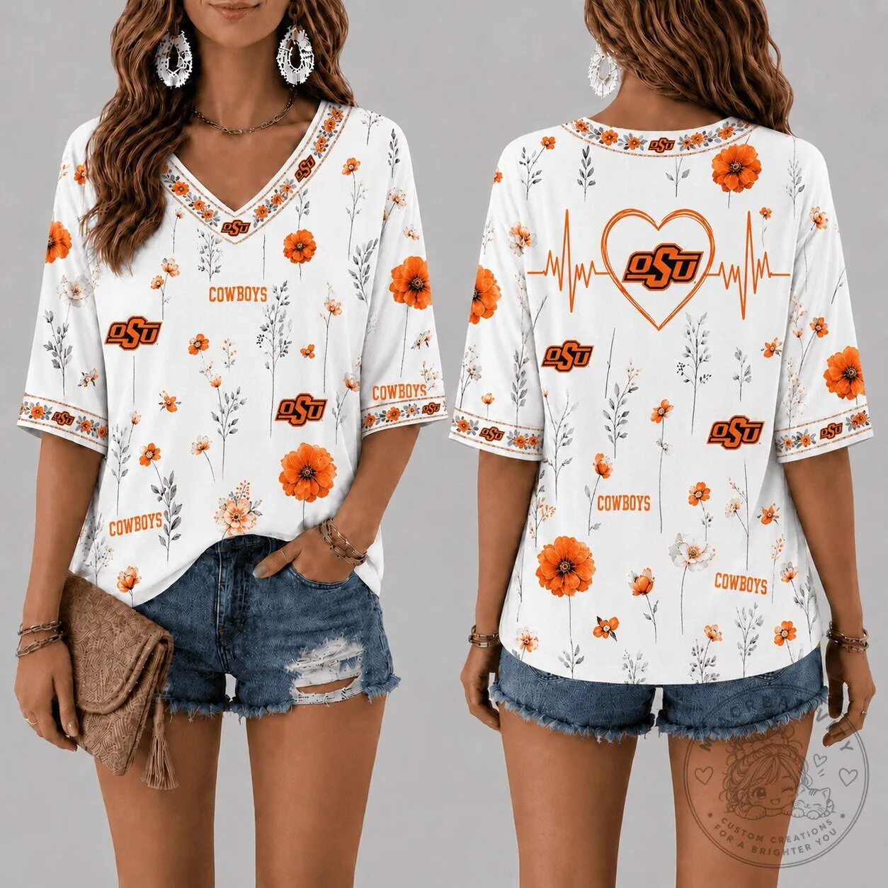 Oklahoma State Cowboys Football Floral Heartbeat V-Neck T-Shirt
