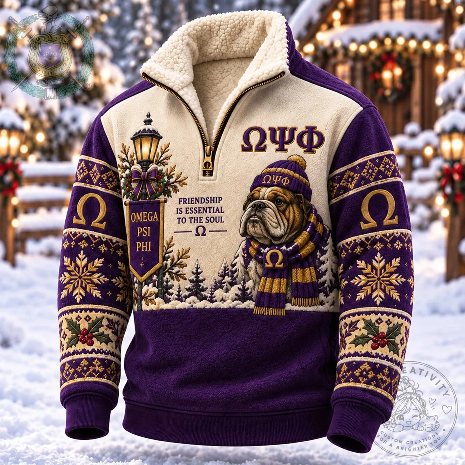 Omega Psi Phi Fraternity Bulldog Christmas Quarter Zip Sherpa Pullover