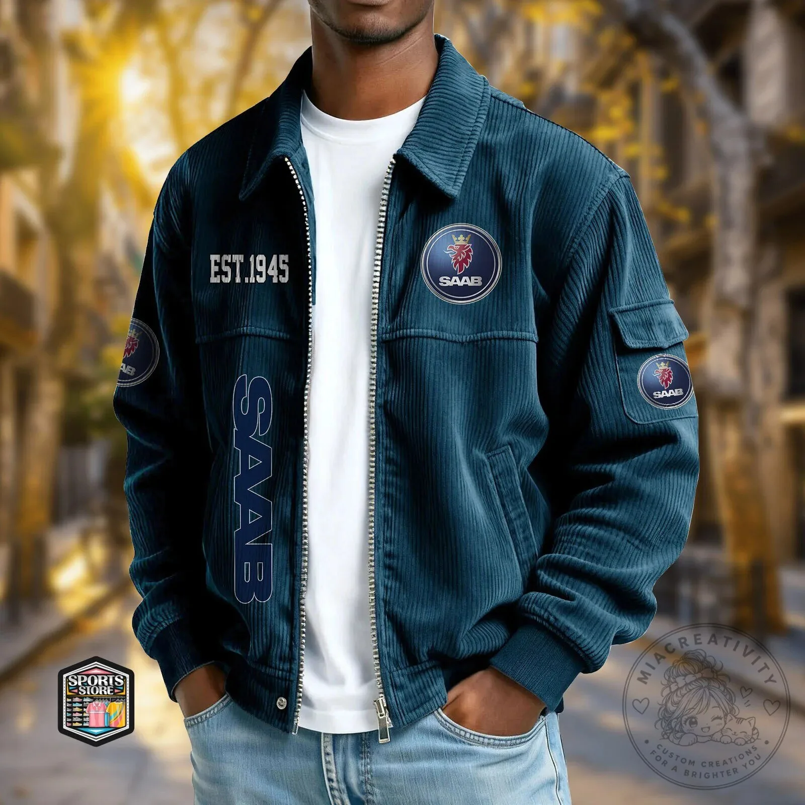 Saab Automobile Est 1945 Logo Corduroy Bomber Jacket