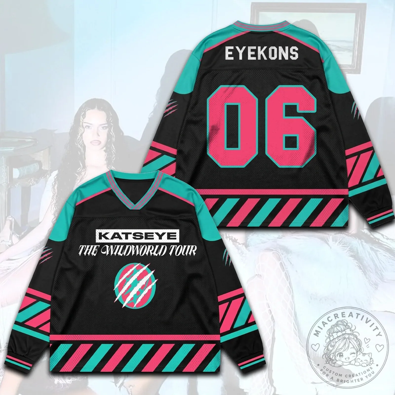 Katseye The Wildworld Tour Black and Teal Fan Edition Hockey Jersey