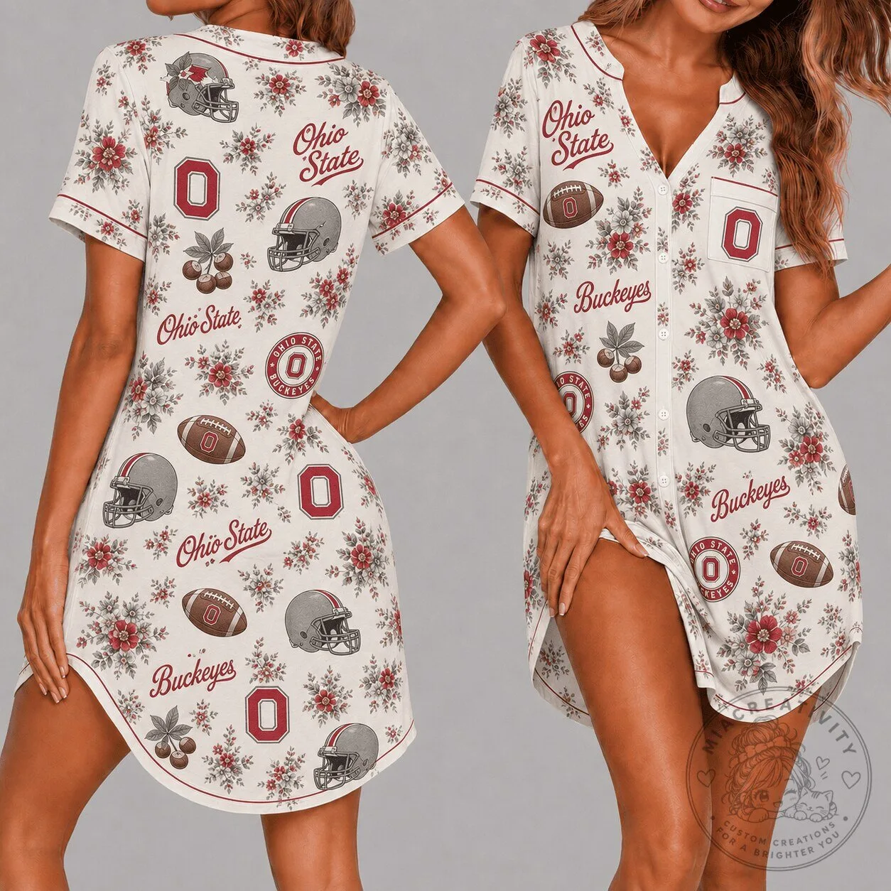 Ohio State Buckeyes Floral Pattern Women's Short Sleeve Pajama Dress