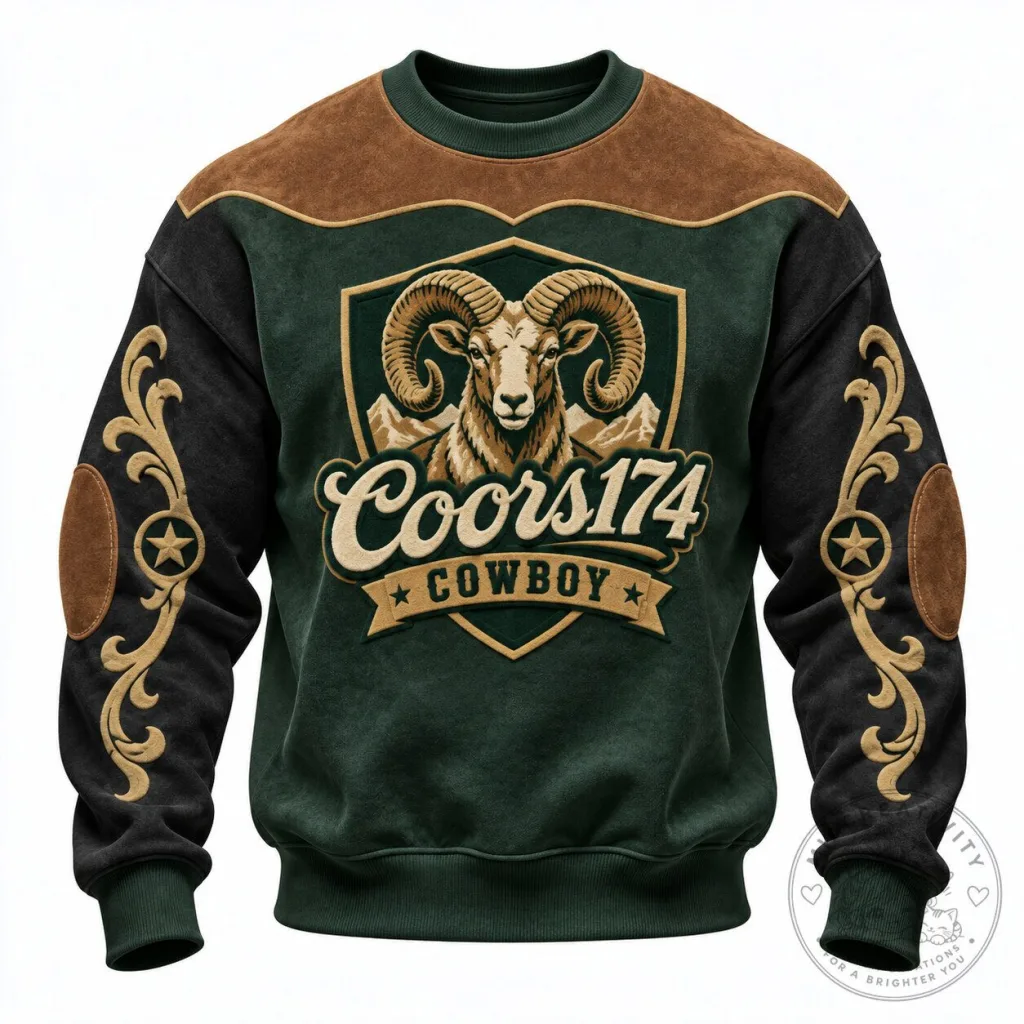 Coors Cowboy Western Style Ram Head Graphic Crewneck Sweatshirt Coors Cowboy Western Style Ram Head Graphic Crewneck Sweatshirt