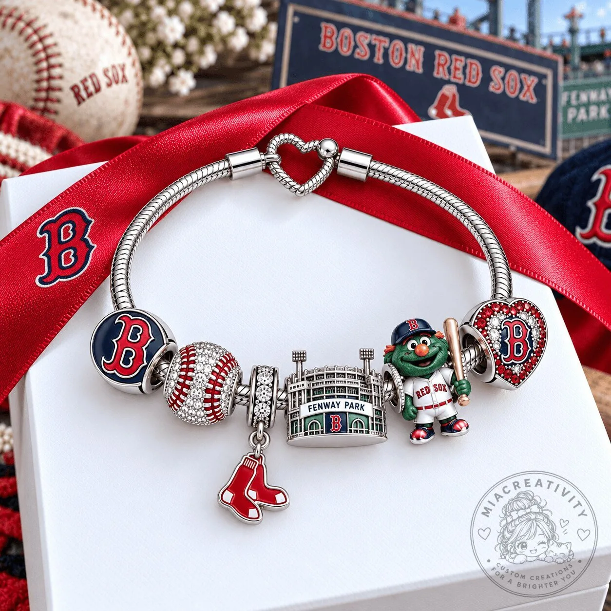 Fenway Park Charm Bracelet Set featuring Boston Red Sox Baseball Theme