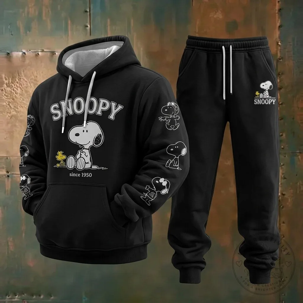 Snoopy Peanuts Cartoon Character Black Hoodie and Pants Set