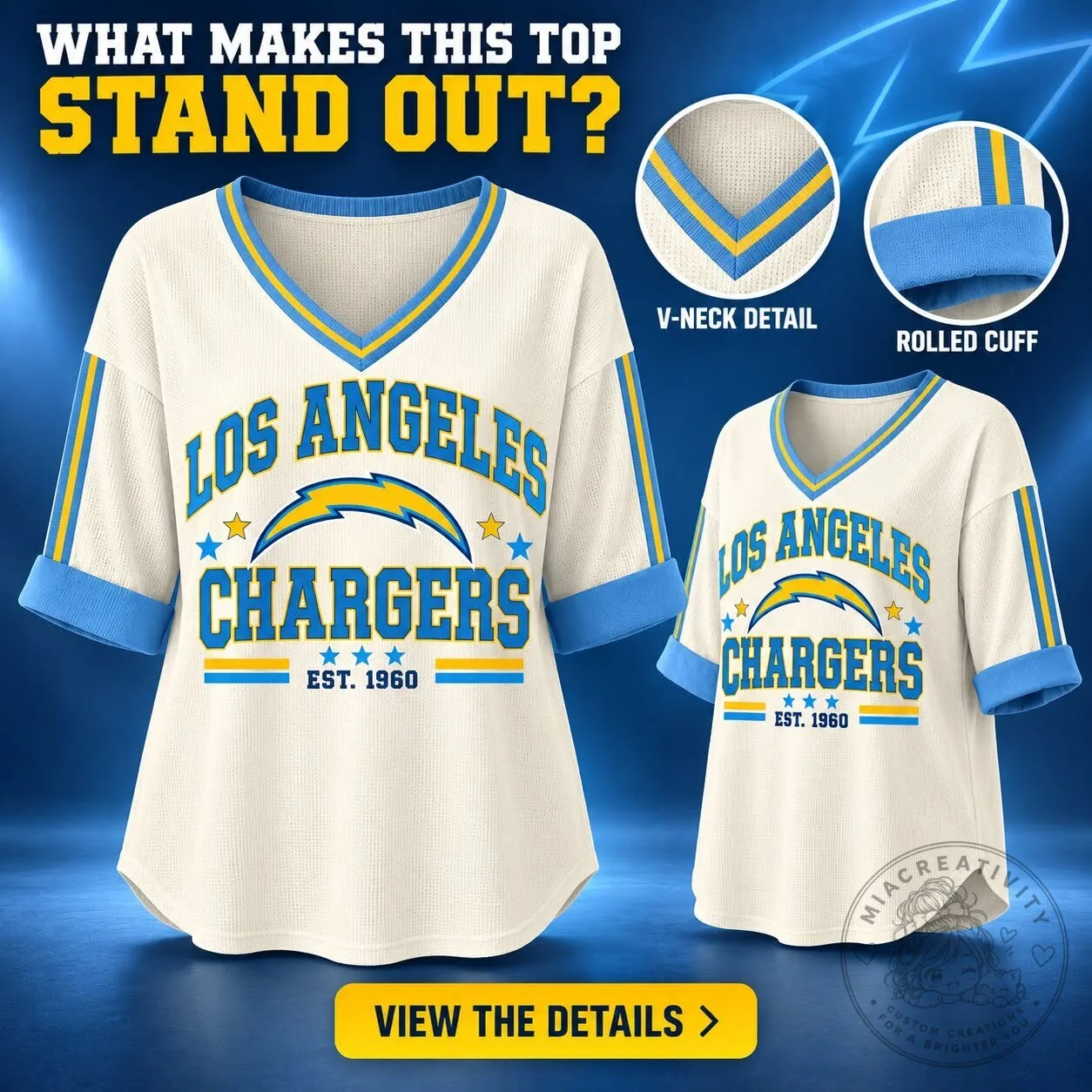 Los Angeles Chargers Football Team Vintage Style V-Neck Rolled Cuff Top