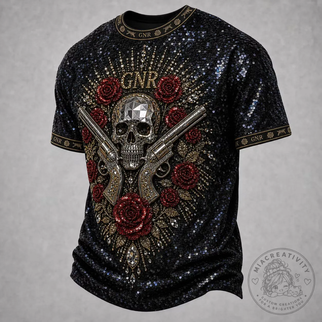 Guns N' Roses Rock Band Shirt Vintage Rose Skull Sequin T-Shirt