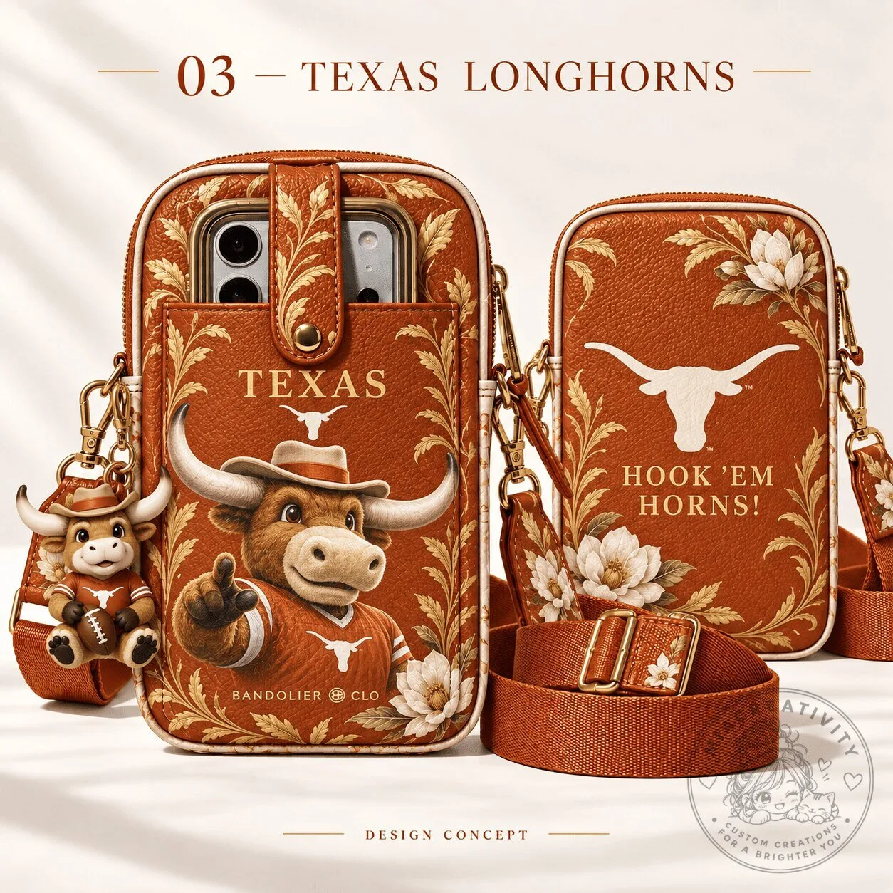 Texas Longhorns UT Hook 'Em Horns Floral Crossbody Phone Bag