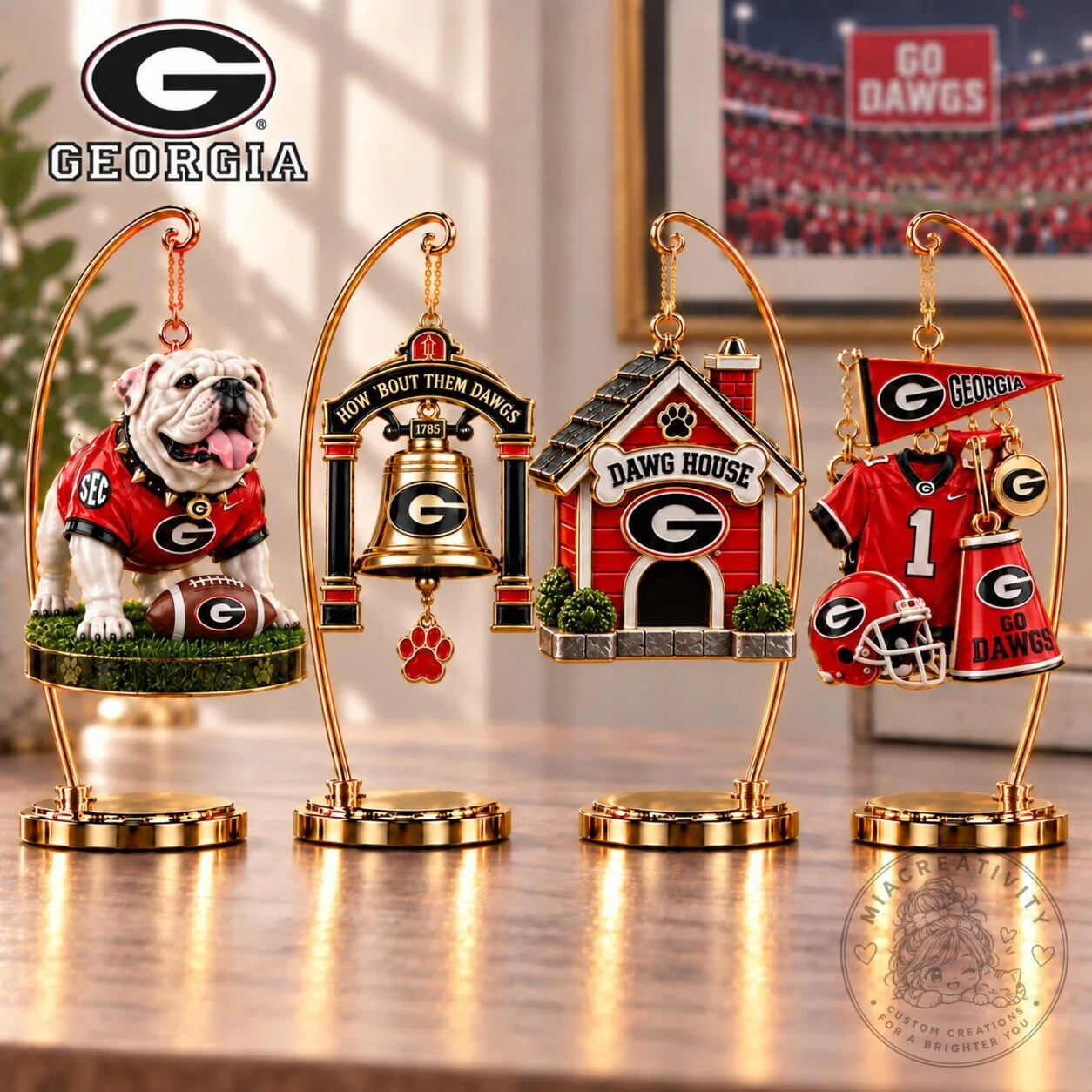 Georgia Bulldogs Football Team Mascot Hanging Ornament Collection Display Stand