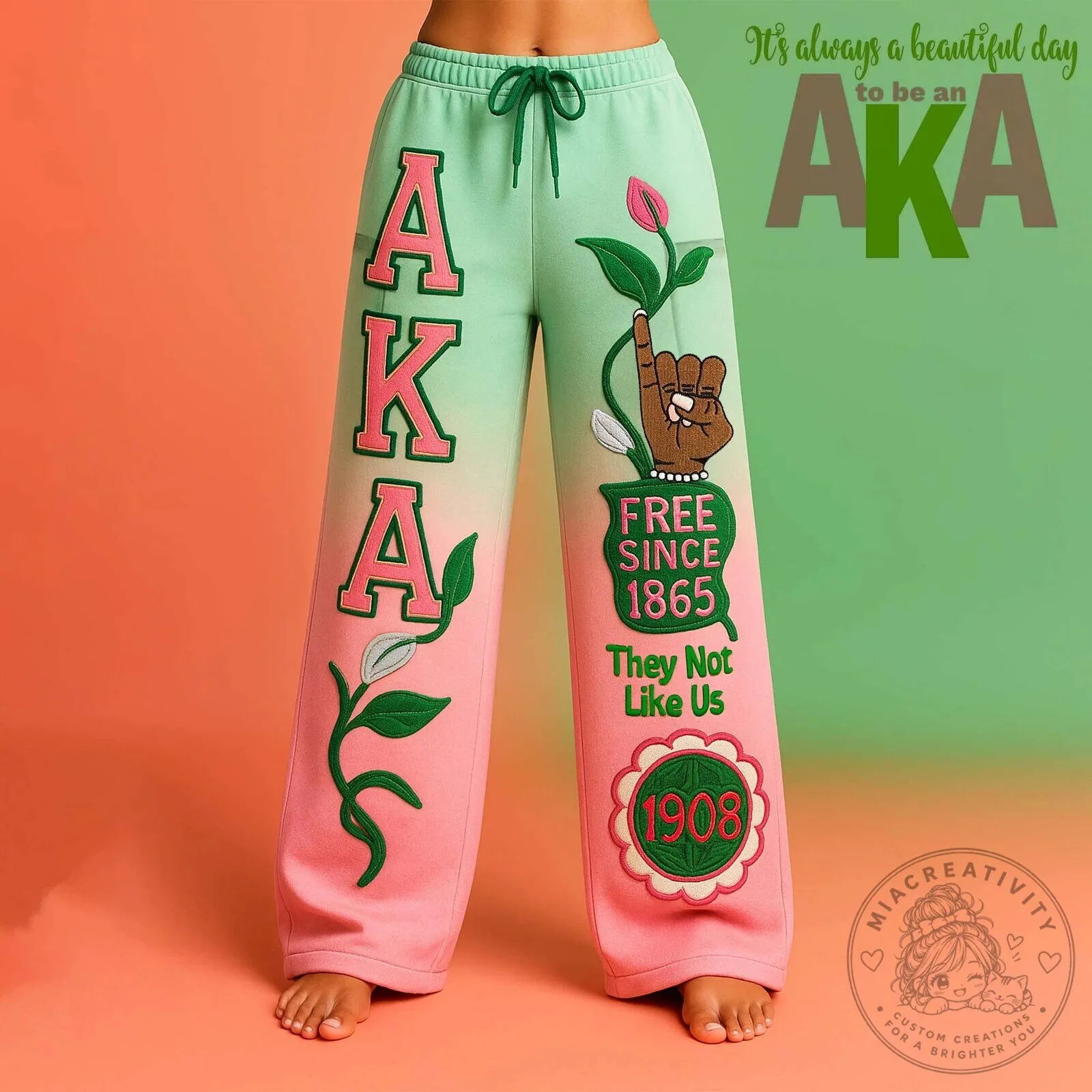 Alpha Kappa Alpha Sorority Pink and Green Wide Leg Lounge Pants 1 Alpha Kappa Alpha Sorority Pink and Green Wide Leg Lounge Pants