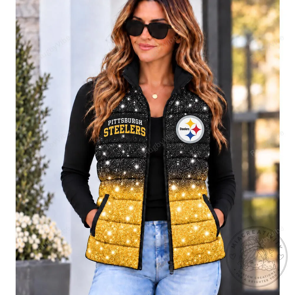 Pittsburgh Steelers Glitter Gold and Black Ombre Puffer Vest