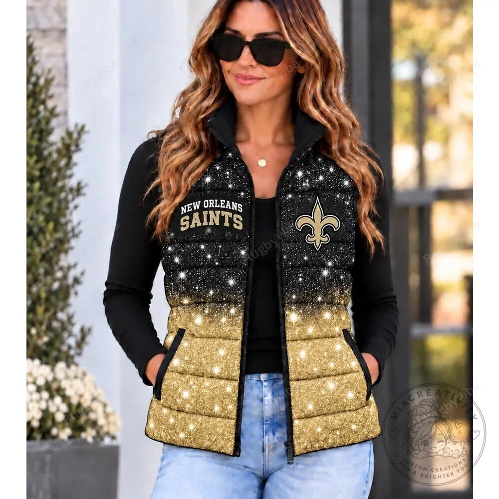 New Orleans Saints Glitter Gold Black Puffer Vest for Women