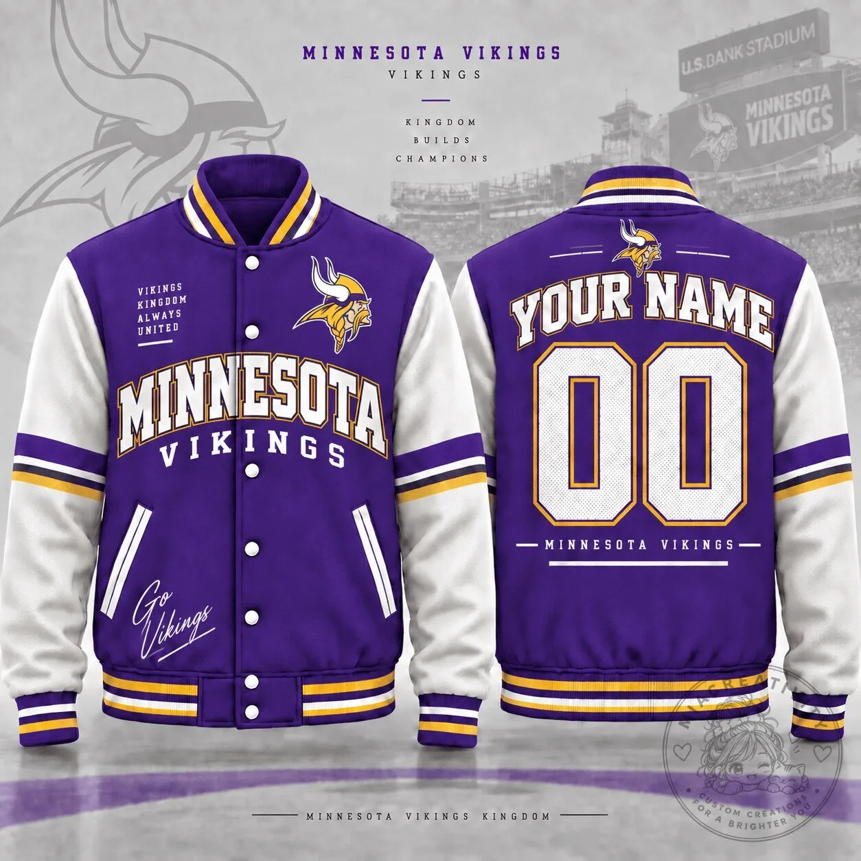 Minnesota Vikings Custom Name And Number Purple And White Varsity Jacket