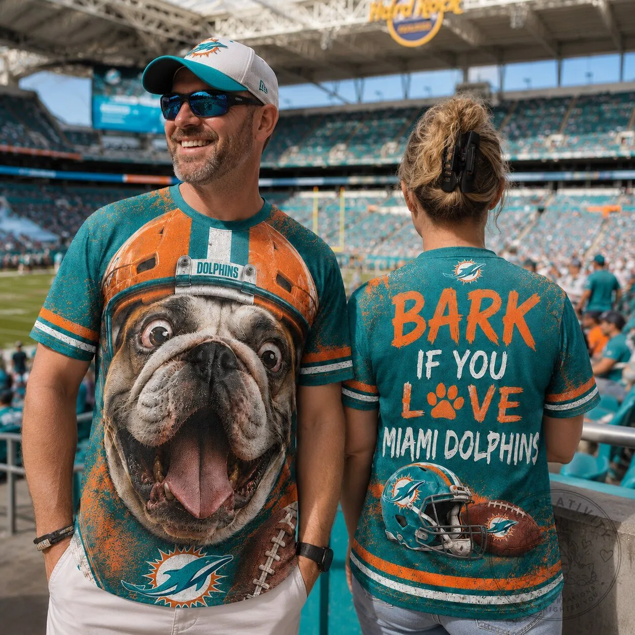 Funny Graphic T-Shirt Featuring a Bulldog with Miami Dolphins Football Theme