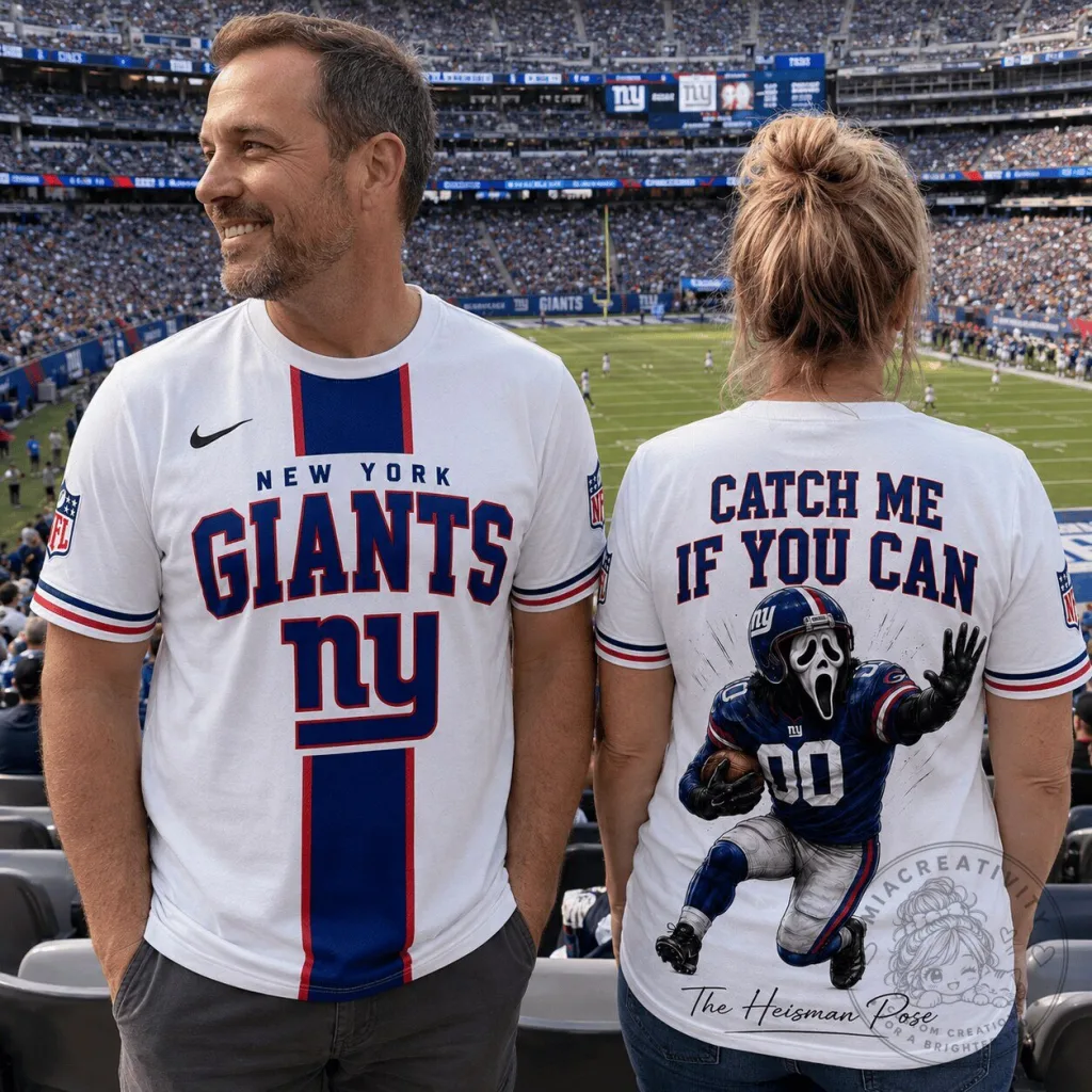 White T-Shirt featuring the Ghostface Heisman Pose of New York Giants Football White T-Shirt featuring the Ghostface Heisman Pose of New York Giants Football