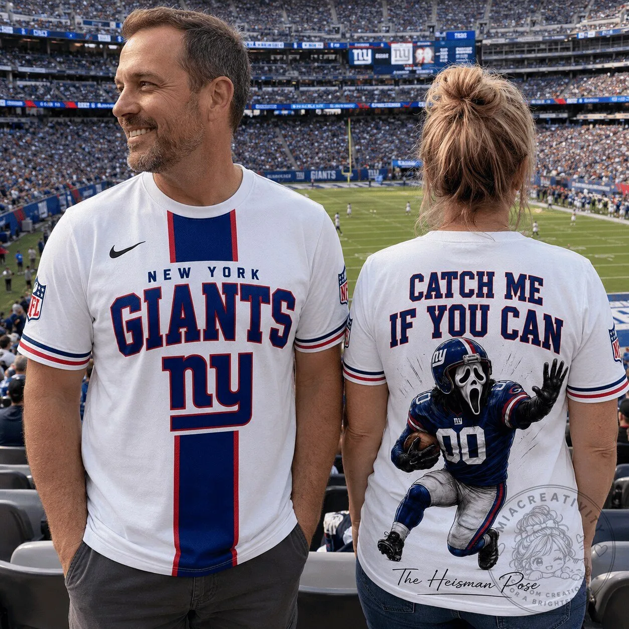 White T-Shirt featuring the Ghostface Heisman Pose of New York Giants Football