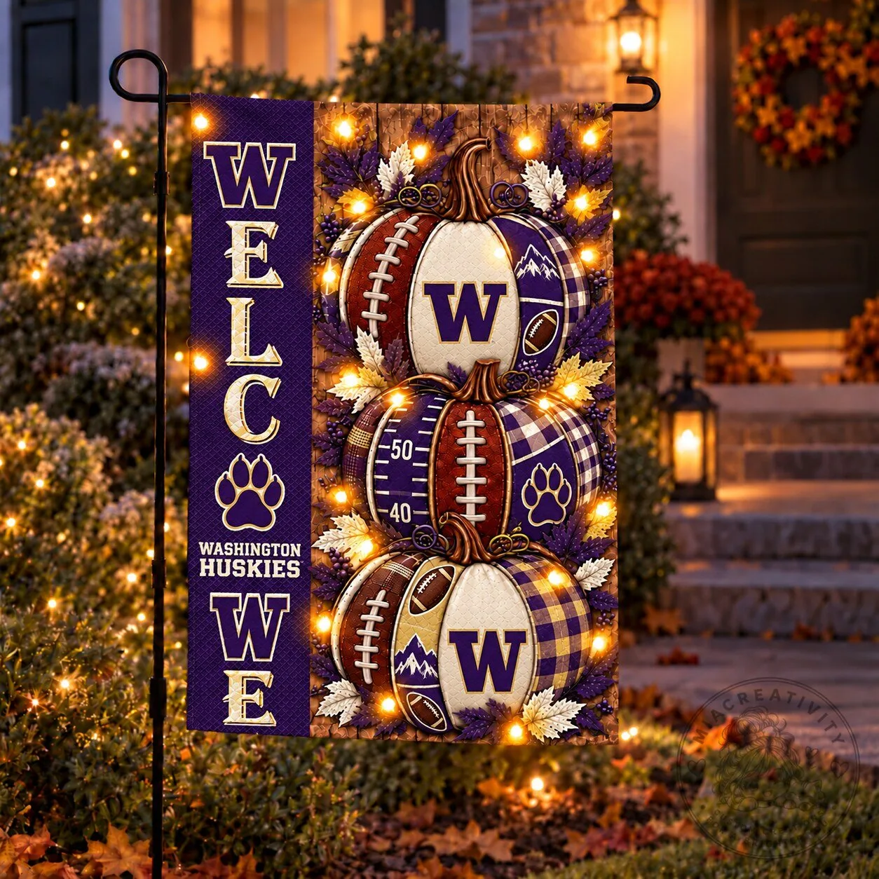 Washington Huskies Welcome Pumpkin Football Fall Garden Flag