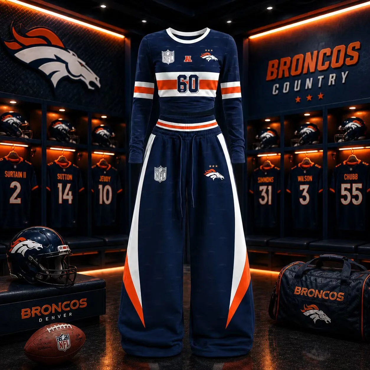 Denver Broncos Women's Football Long Sleeve Crop Top and Wide Leg Pants Set