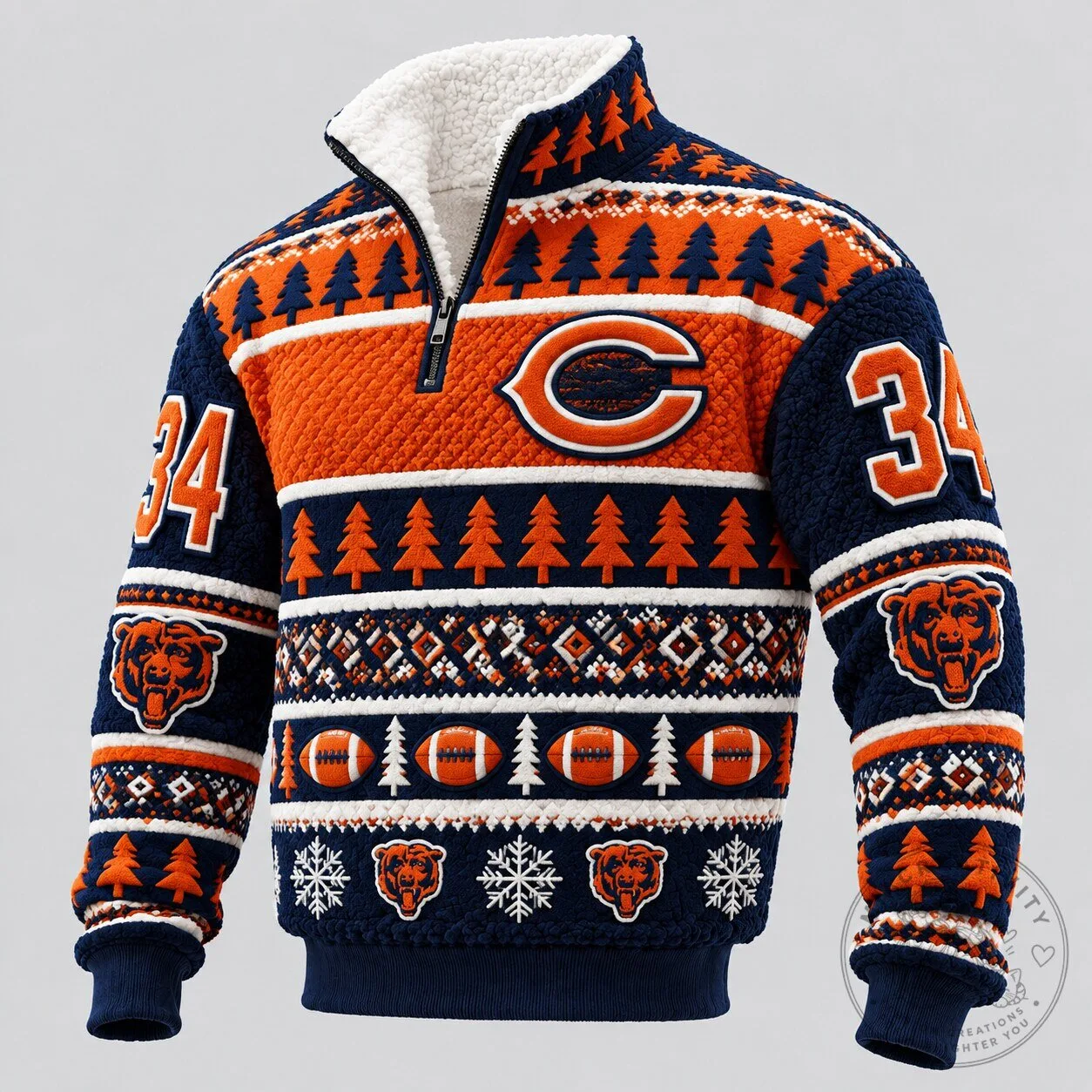 Chicago Bears Ugly Christmas Quarter-Zip Fleece Pullover Sweater