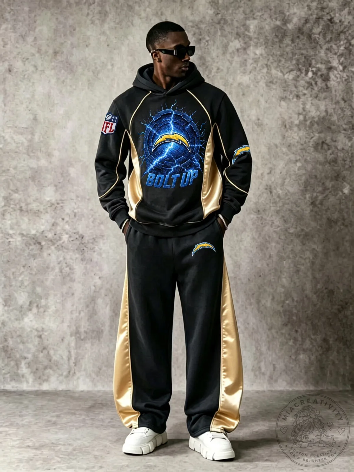 Los Angeles Chargers Bolt Up Lightning Logo Black and Gold Hoodie and Pants Set