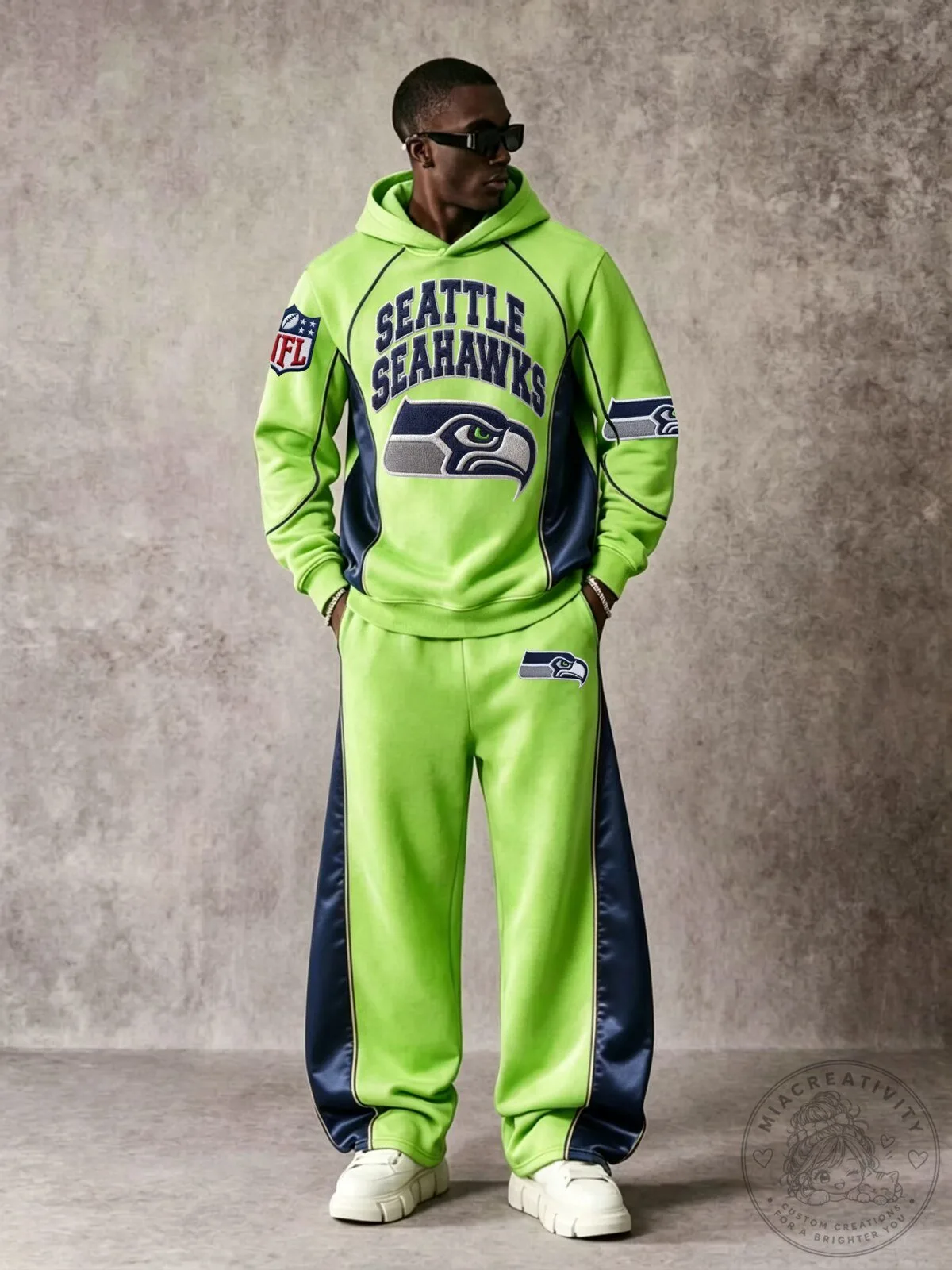 Seattle Seahawks NFL Football Team Logo Neon Green Hoodie and Jogging Pants Set