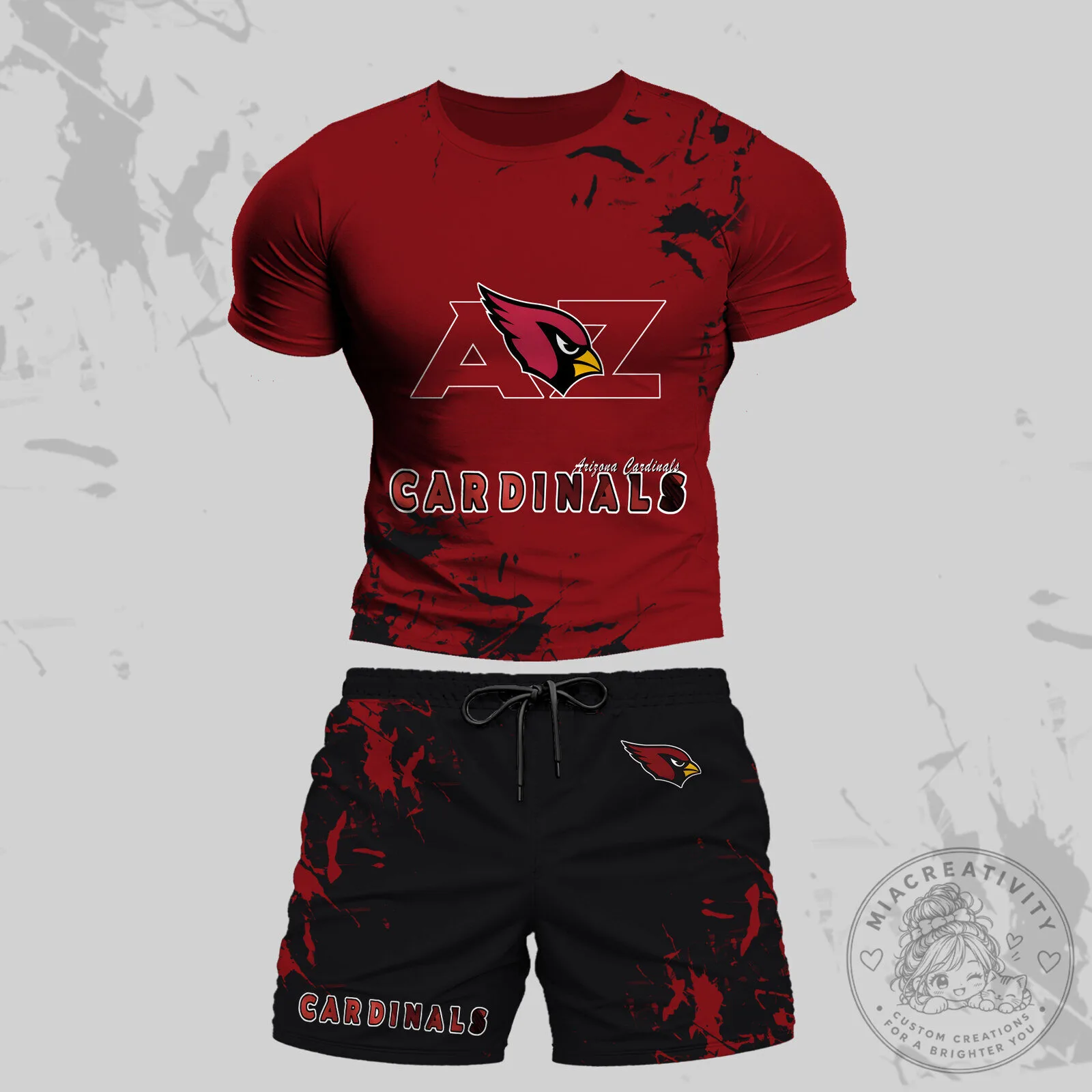 Arizona Cardinals Football Team Logo Red and Black Splatter Print T-Shirt and Shorts Set