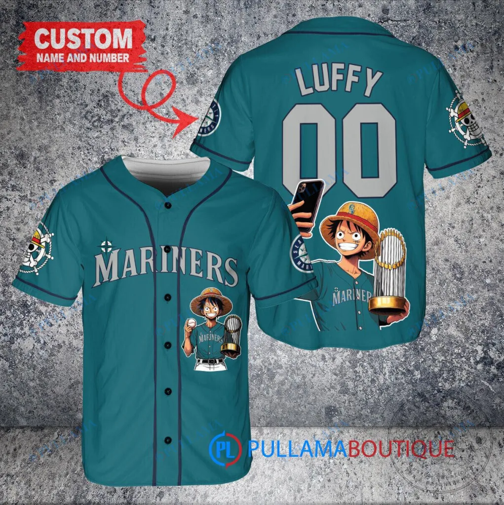 Seattle Mariners Baseball Monkey D. Luffy One Piece World Series Champion Baseball Jersey 18 Seattle Mariners Baseball Monkey D. Luffy One Piece World Series Champion Baseball Jersey