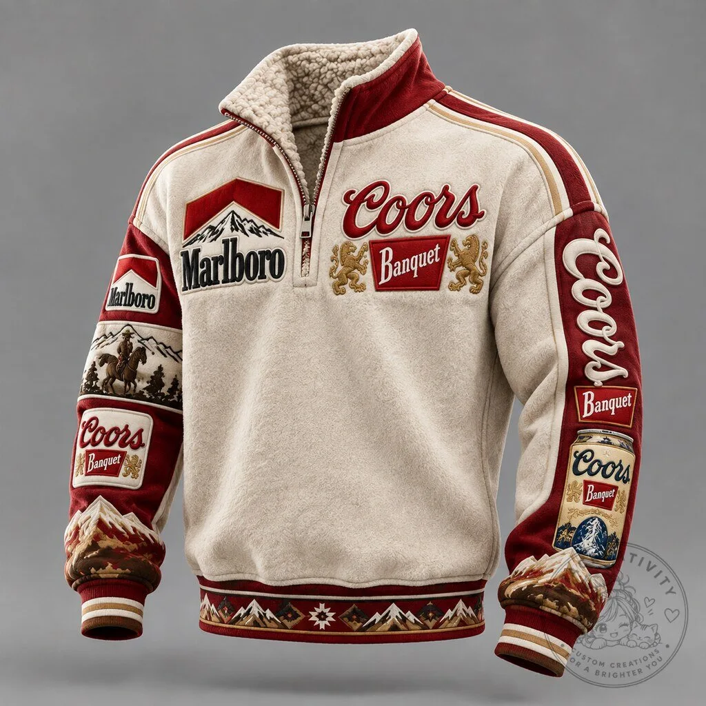 Vintage Marlboro Coors Banquet Beer Western Quarter Zip Fleece Sweatshirt