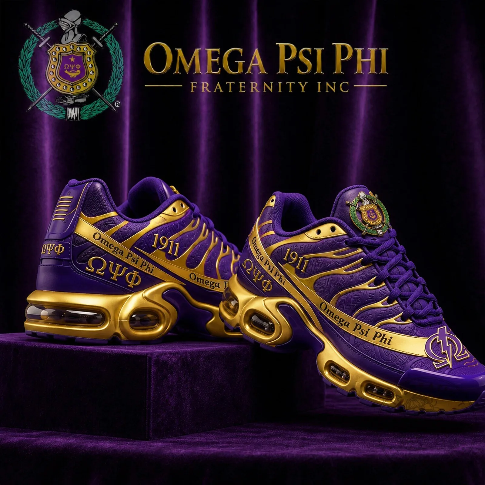 Omega Psi Phi Fraternity Inc. Purple and Gold Athletic Running Shoes