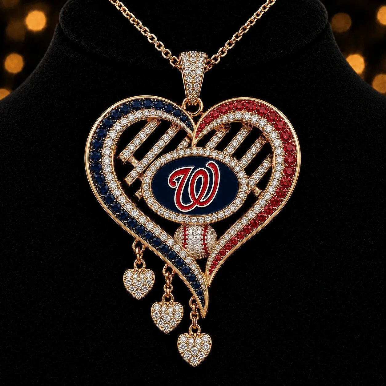 Washington Nationals Baseball Heart Pendant Necklace with Diamonds and Gold Chain